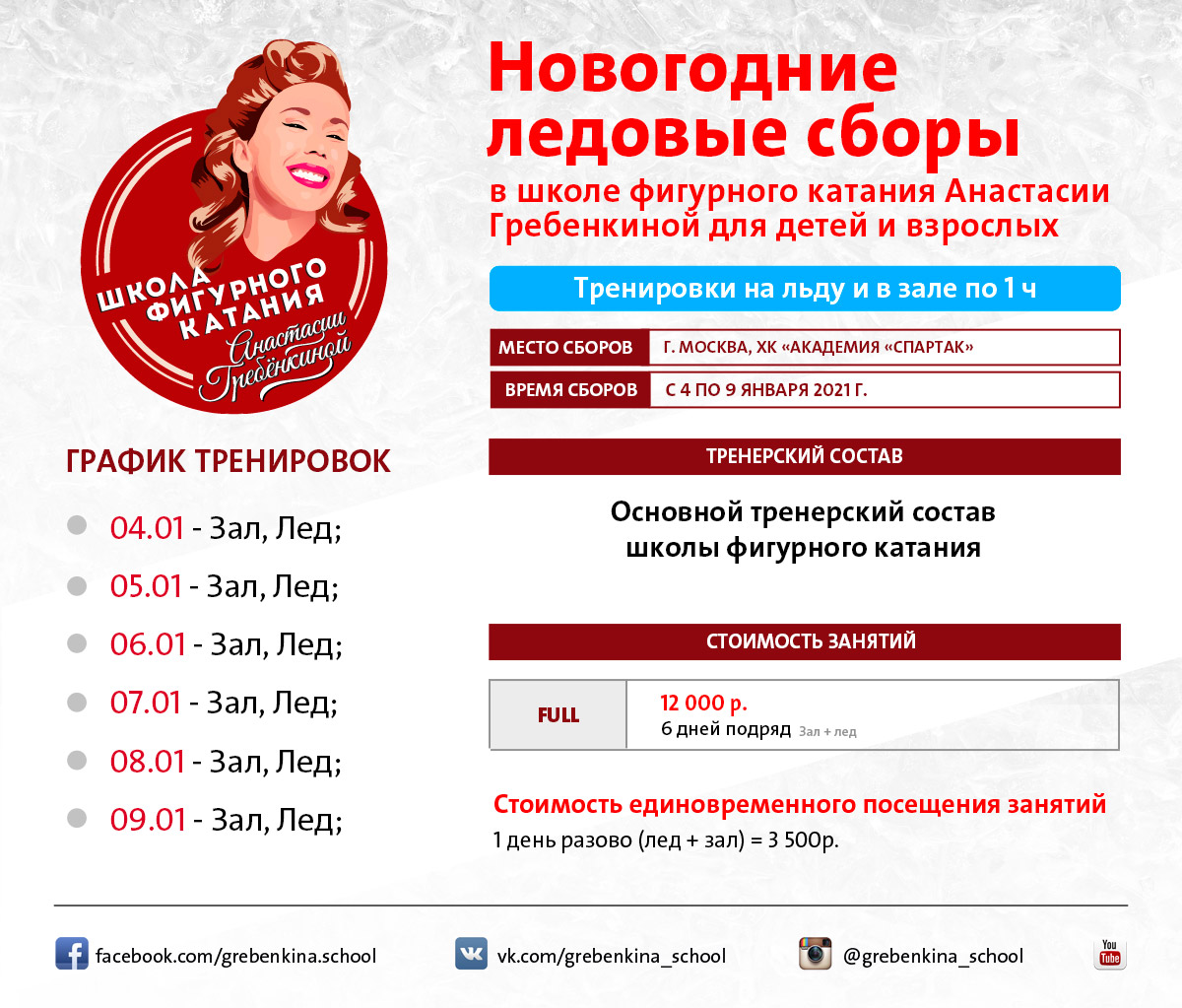 Новогодние ледовые сборы для фигуристов с 4 по 9 января в ШФК Анастасии Гребенкиной