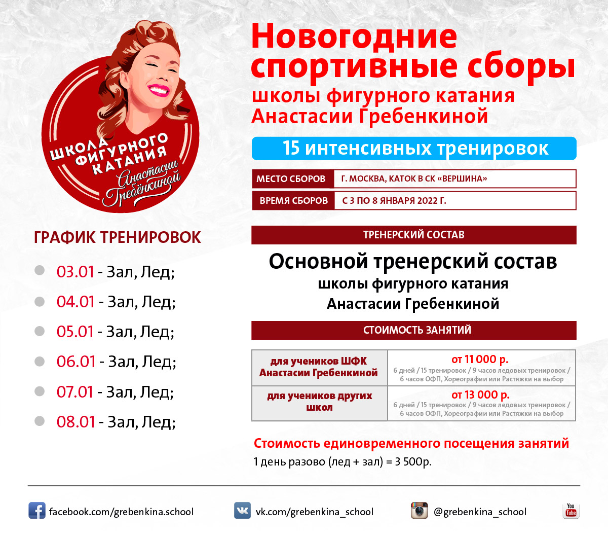 Новогодние ледовые сборы для фигуристов с 3 по 8 января в СК Вершина
